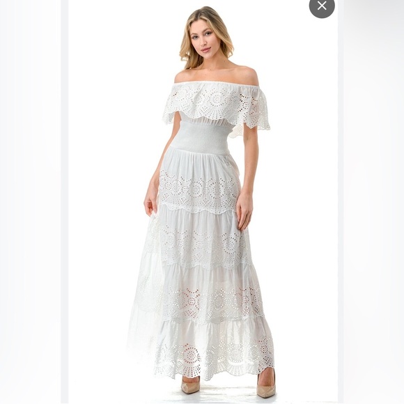 Solitaire Dresses & Skirts - Solitaire Ivory Smocked Waist Tiered Eyelet Maxi Dress M